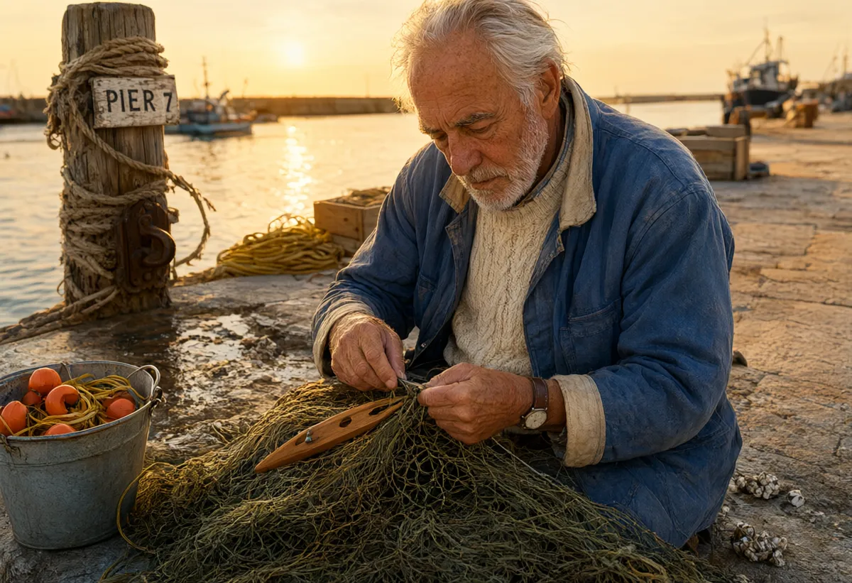Portret rybaka z Qwen Image 3 Pro na poziomie 1K, z samodzielnie dodanym znakiem PIER 7 oddanym poprawnie