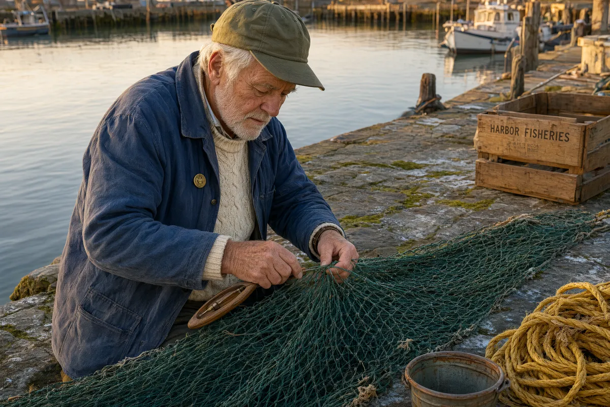 Portret rybaka z Qwen Image 3 Pro na poziomie 2K, z samodzielnie dodaną skrzynką HARBOR FISHERIES oddaną poprawnie