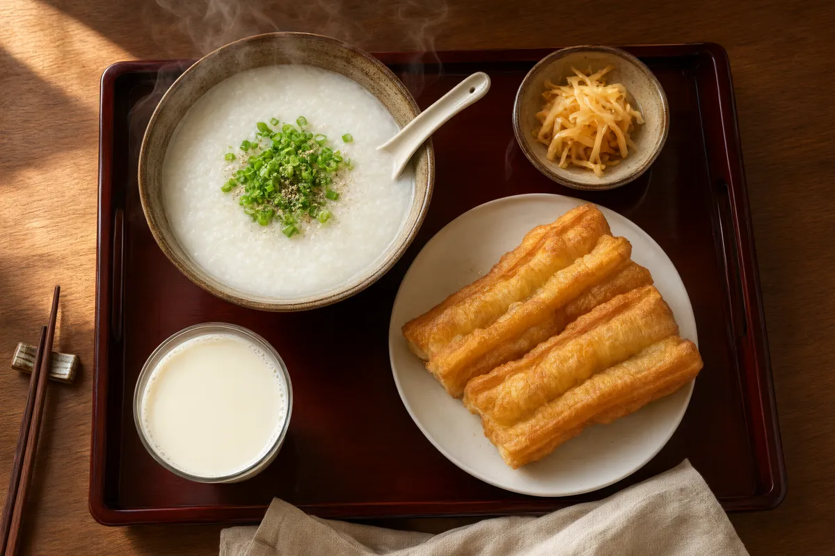 Qwen Image 3 Aufnahme von oben auf ein chinesisches Frühstückstablett mit Congee, Youtiao, eingelegtem Gemüse und Sojamilch