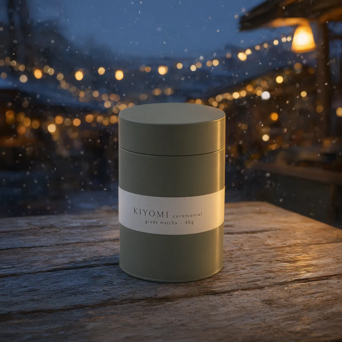 Qwen Image 3 bearbeitete Ausgabe: dieselbe Teedose auf einem Marktstand in der Dämmerung bei fallendem Schnee, auf dem Etikett steht weiterhin KIYOMI