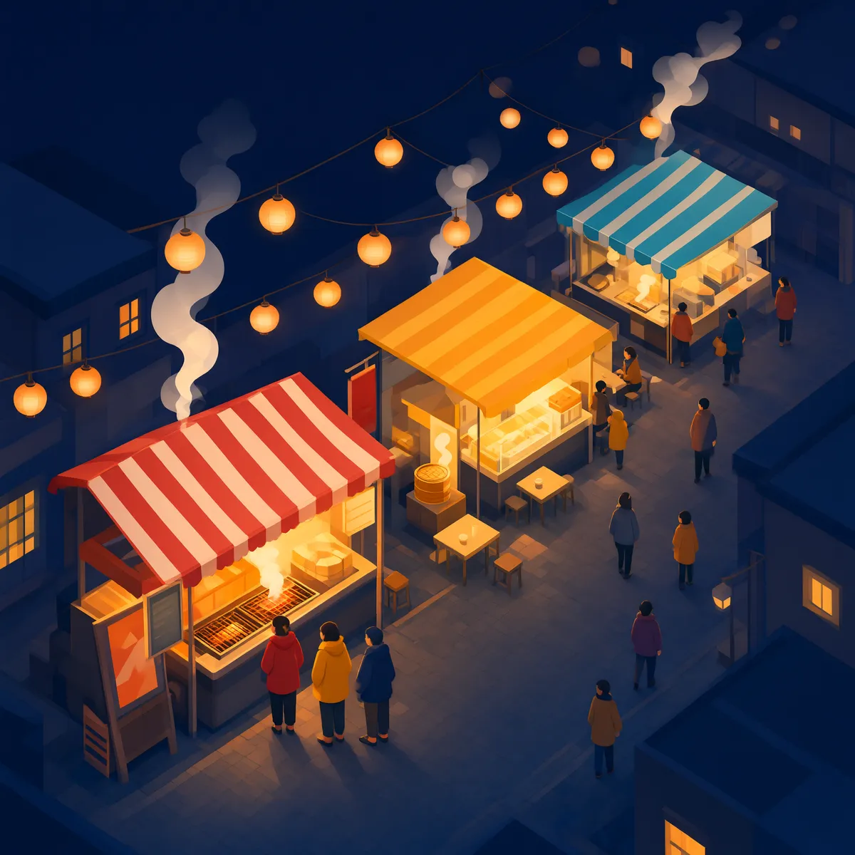 Qwen Image 3 isometrische Illustration einer Nachtmarktstraße mit leuchtenden Ständen und Lampionketten