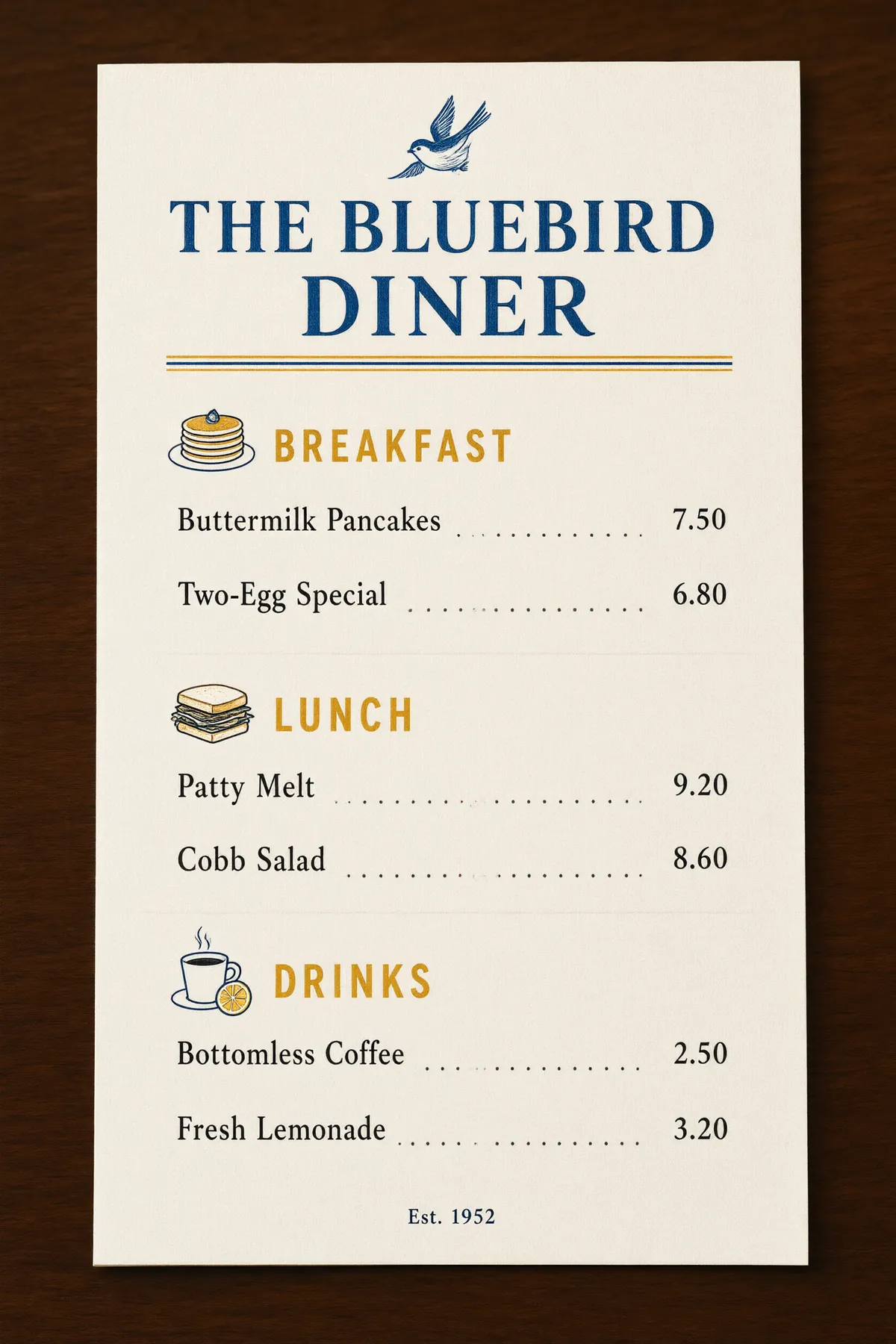 Qwen Image 3 Diner-Speisekarte für The Bluebird Diner mit den Abschnitten Frühstück, Mittagessen und Getränke, alle Preise lesbar und korrekt
