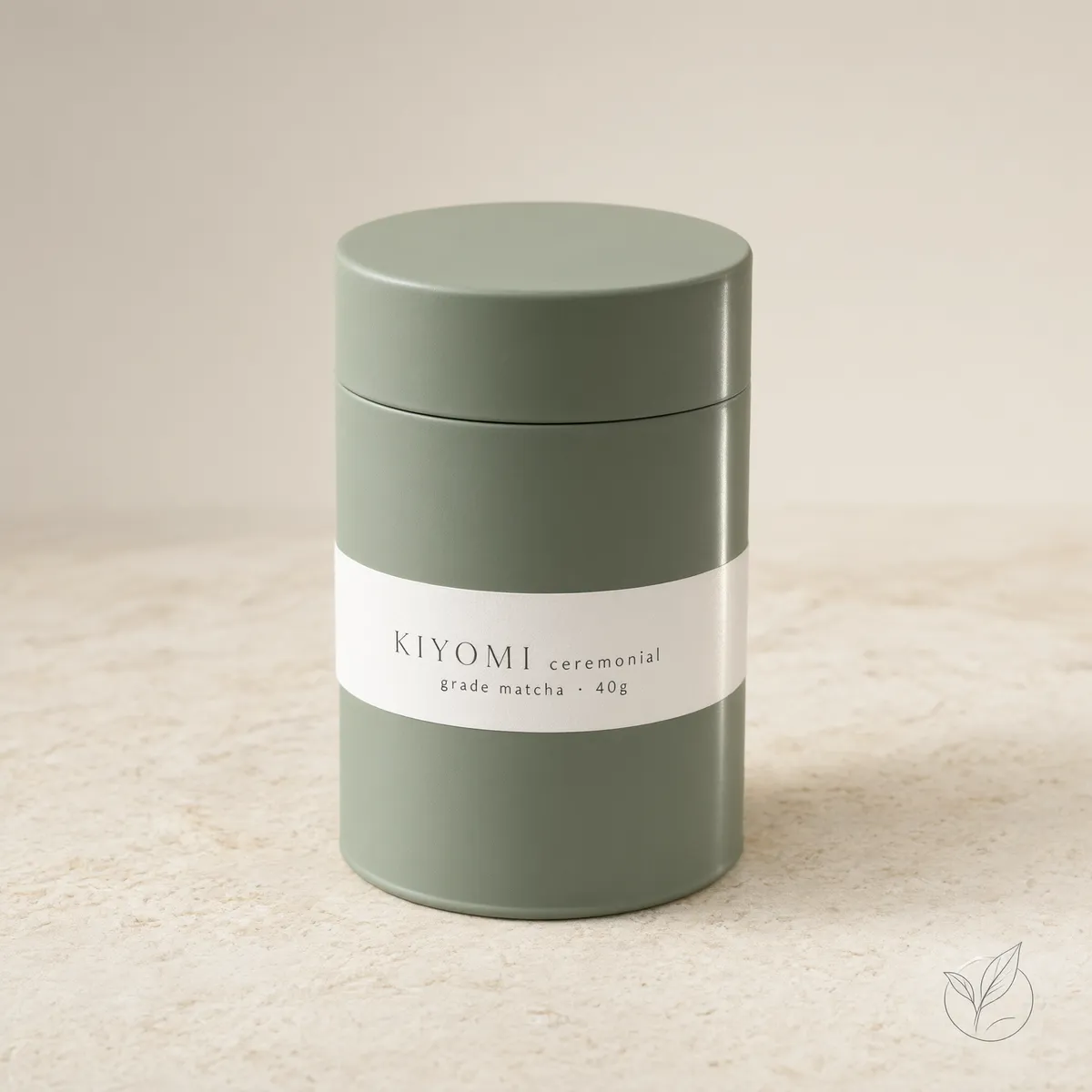 Qwen Image 3 Studio-Produktaufnahme einer salbeigrünen Teedose mit dem Etikett KIYOMI ceremonial grade matcha 40g