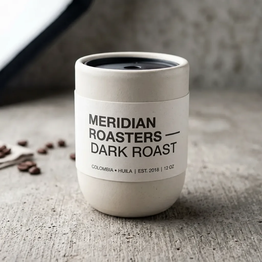 תמונת פלט: אותה כוס שקוראת עכשיו MERIDIAN ROASTERS — DARK ROAST, שורת הכיתוב שלמה