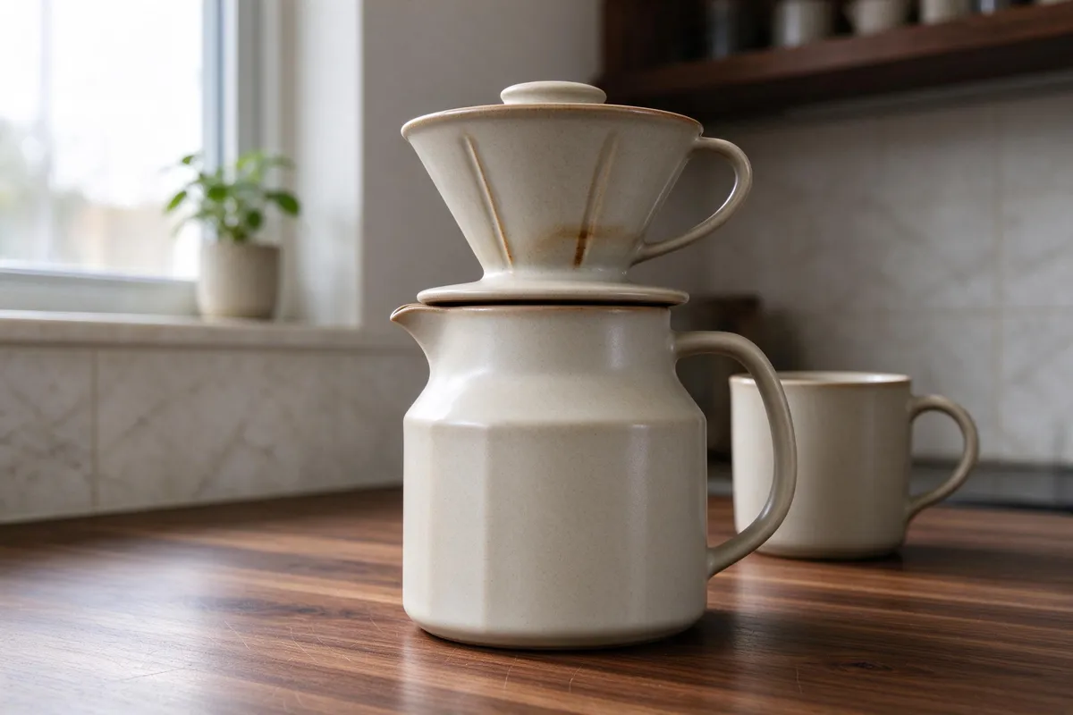 Seedream 5 Flash photoreal product shot of a ceramic pour-over coffee set at 2K