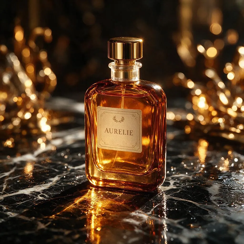 Seedream 5 Pro product photo of a perfume bottle with a serif label on wet marble
