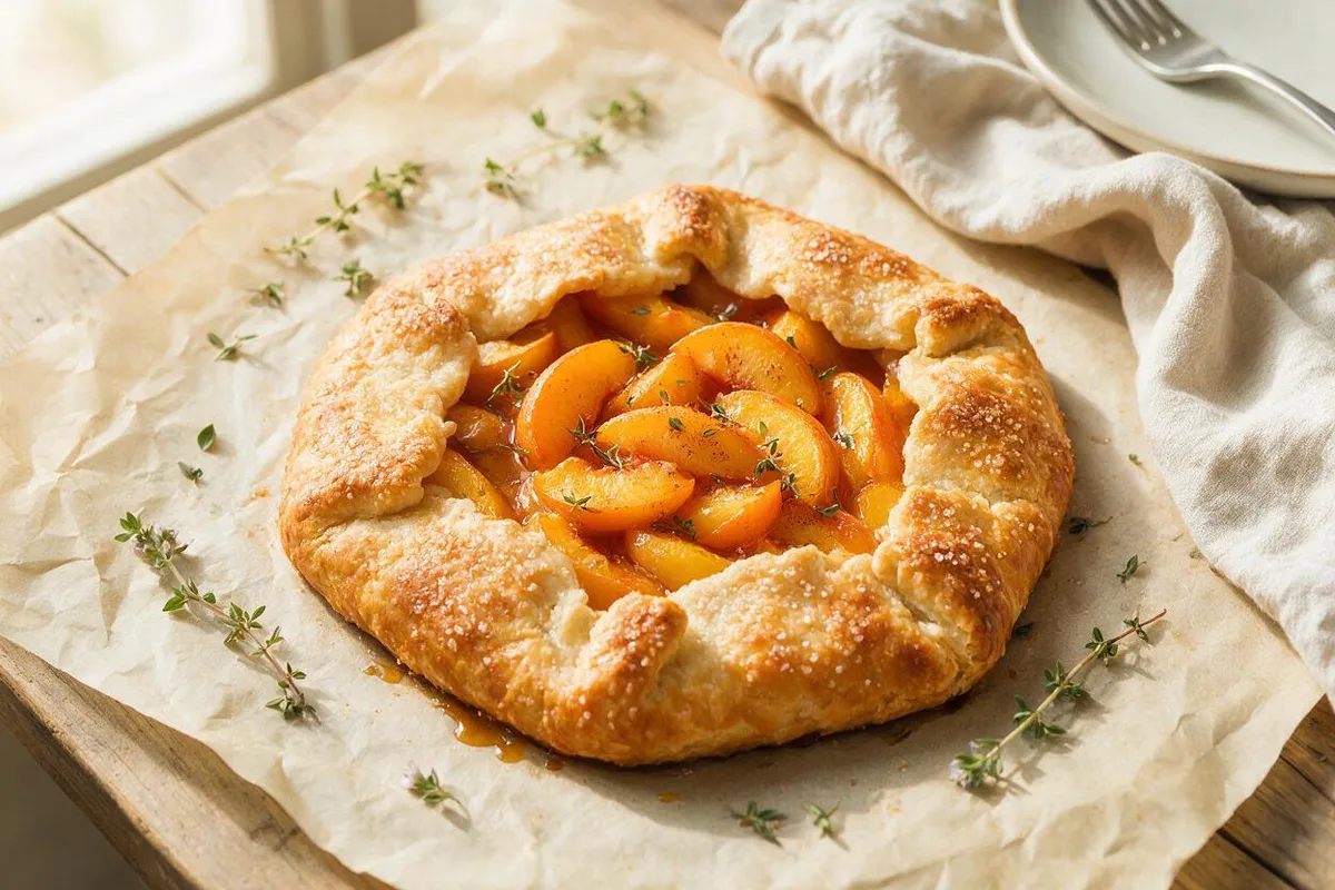 Seedream 5 Pro overhead food photo of a peach galette in morning window light