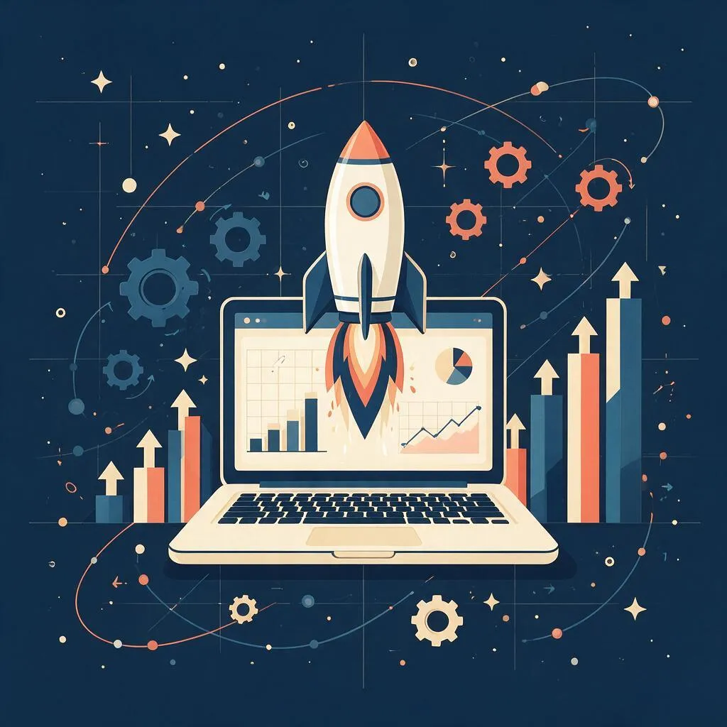 Seedream 5 Pro flat vector startup illustration of a rocket launching from a laptop