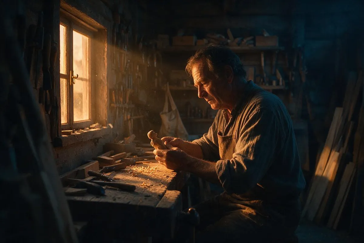 Seedream 5 Pro environmental portrait of an older craftsman at dusk with deep creases and dust in the light beam