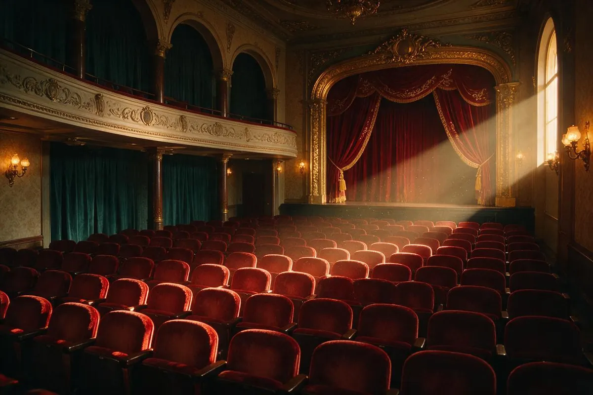 Seedream 5 Pro interior of an empty theatre with a shaft of sunlight across red velvet seats