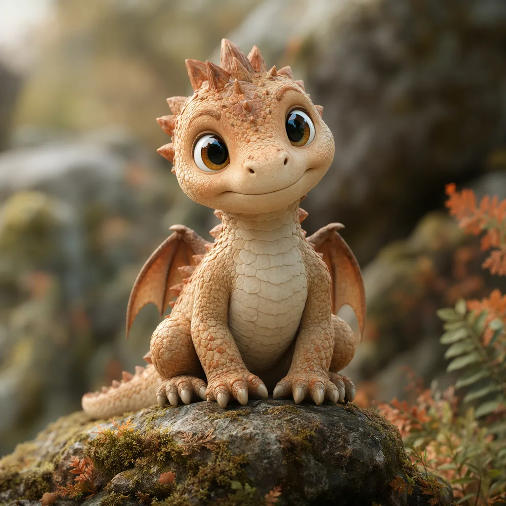 AI generated 3D baby dragon character on a mossy stone