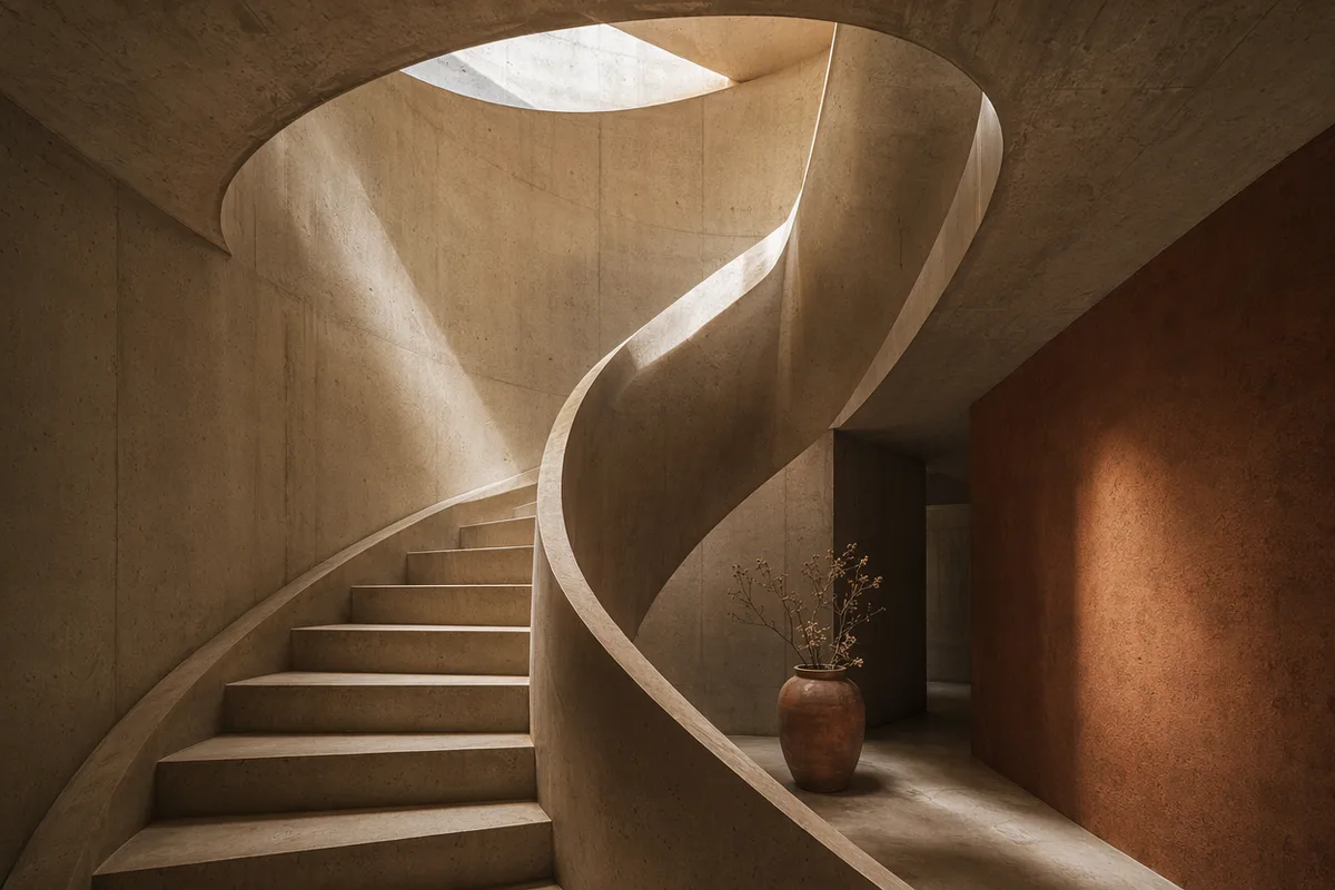 AI generated architectural photo of a warm concrete spiral staircase