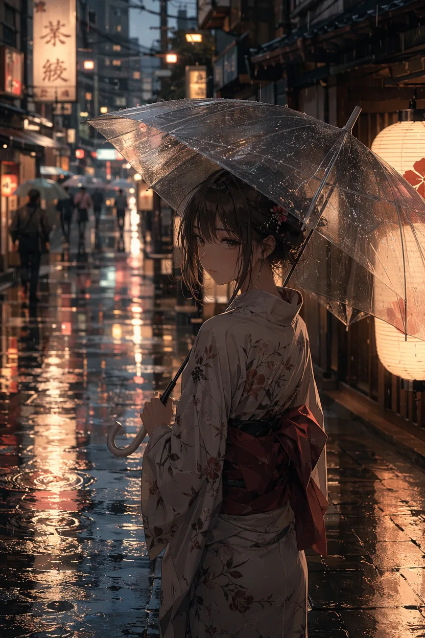 AI generated anime illustration of a girl with an umbrella on a rainy neon street