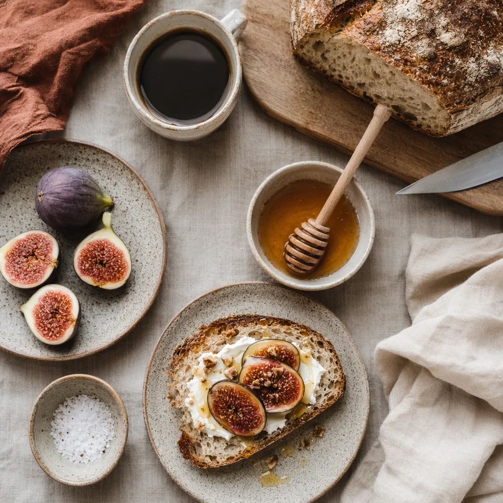 AI generated overhead food photography of a rustic breakfast spread