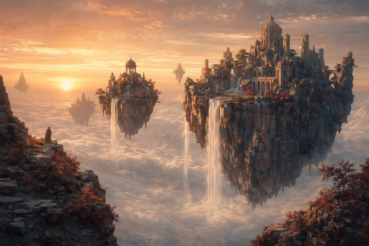 AI generated fantasy landscape of floating islands with waterfalls
