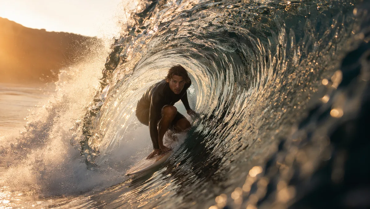 AI video still of a surfer inside a glassy barrel wave at sunrise