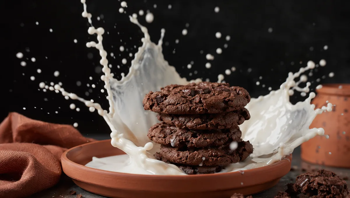 AI video still of milk splashing around chocolate cookies