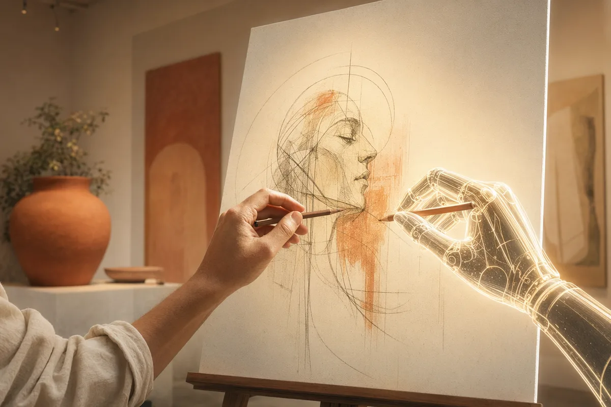 Human and AI hands collaborating on a glowing canvas