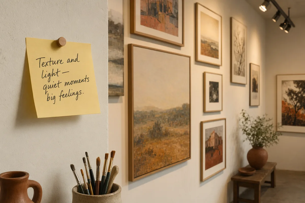 A handwritten idea note beside a wall of finished artworks