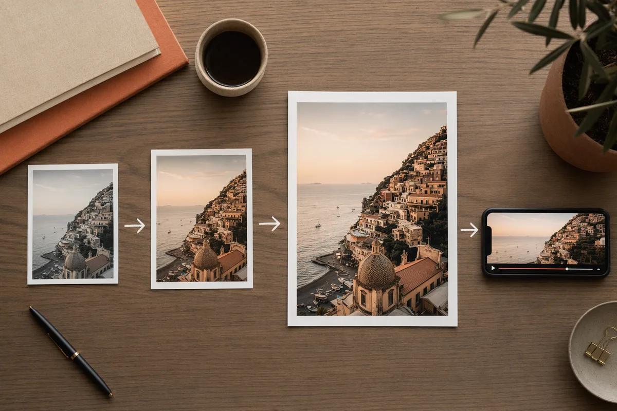 Image workflow from draft to edited, enlarged, and animated versions