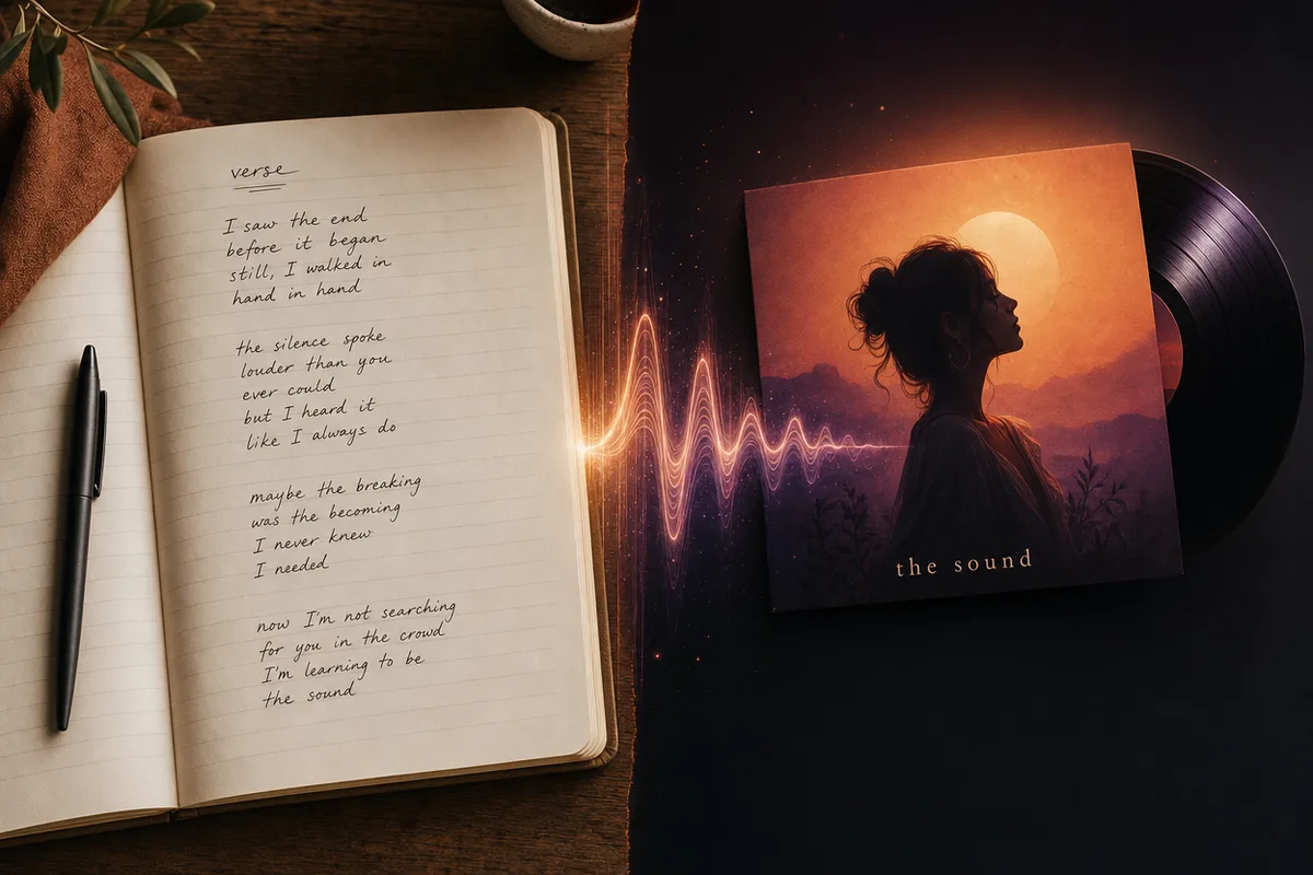 A handwritten page of rap verses turning into a glowing sound wave and a track cover