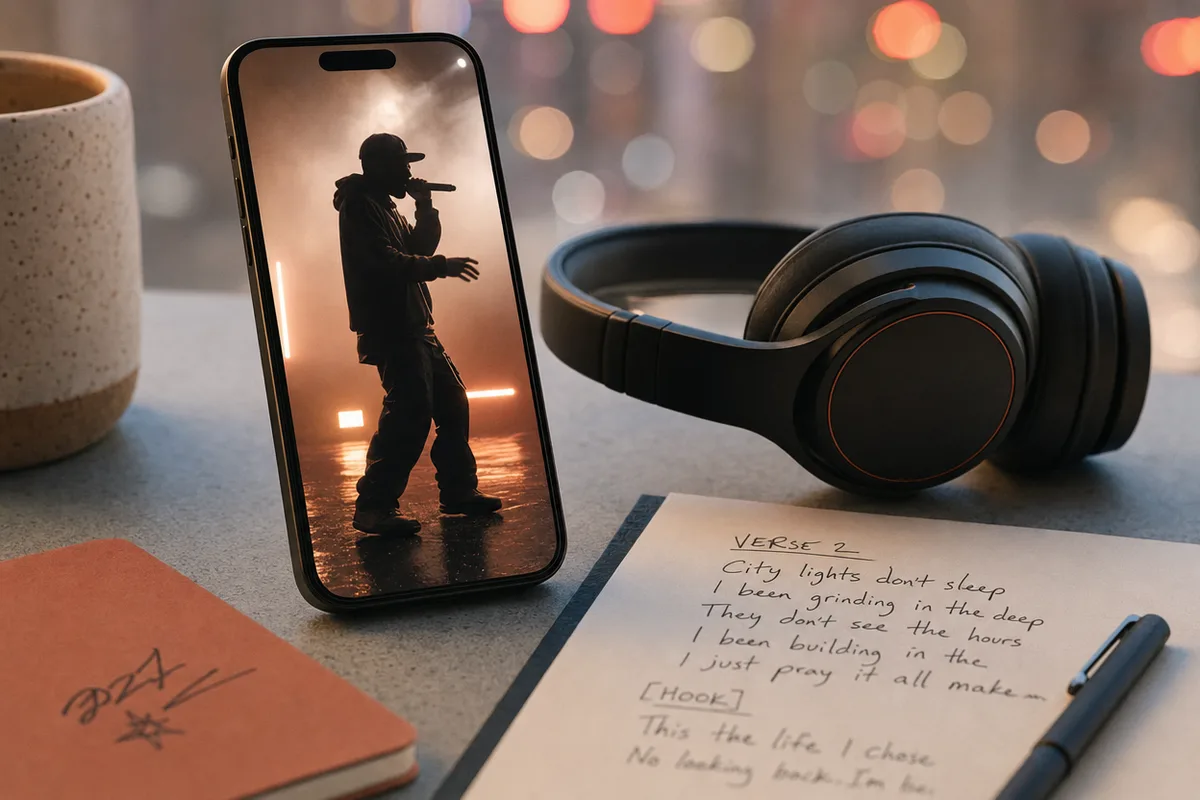 A phone showing a vertical music video of a rapper silhouette next to headphones and a lyric sheet