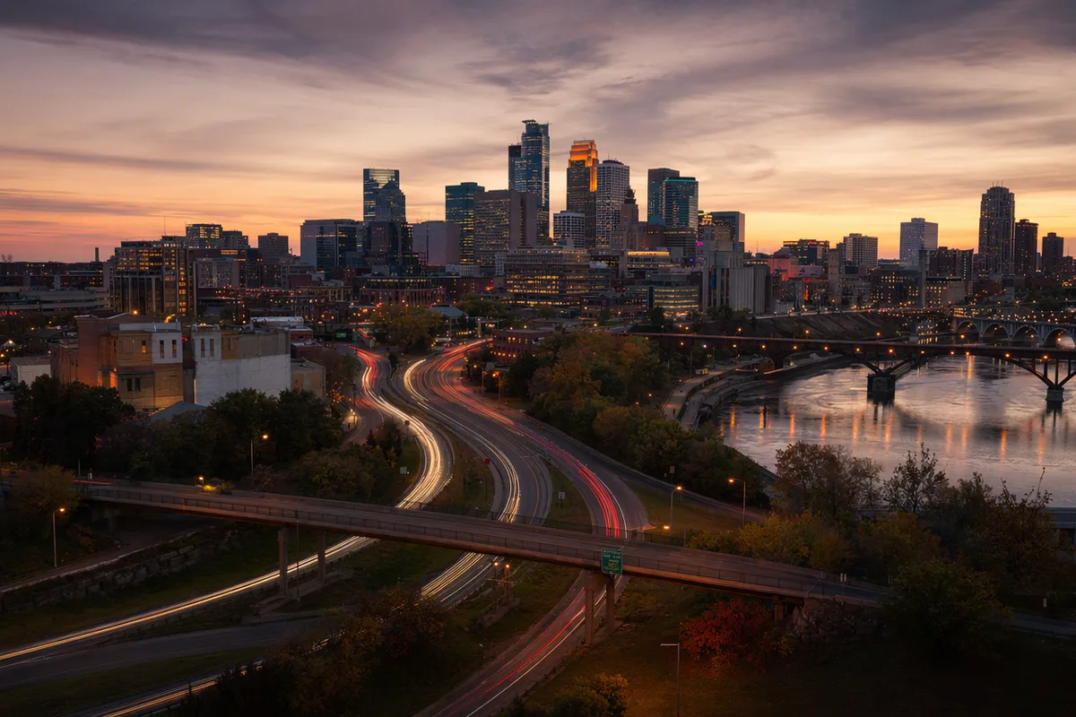 City skyline timelapse with traffic light trails