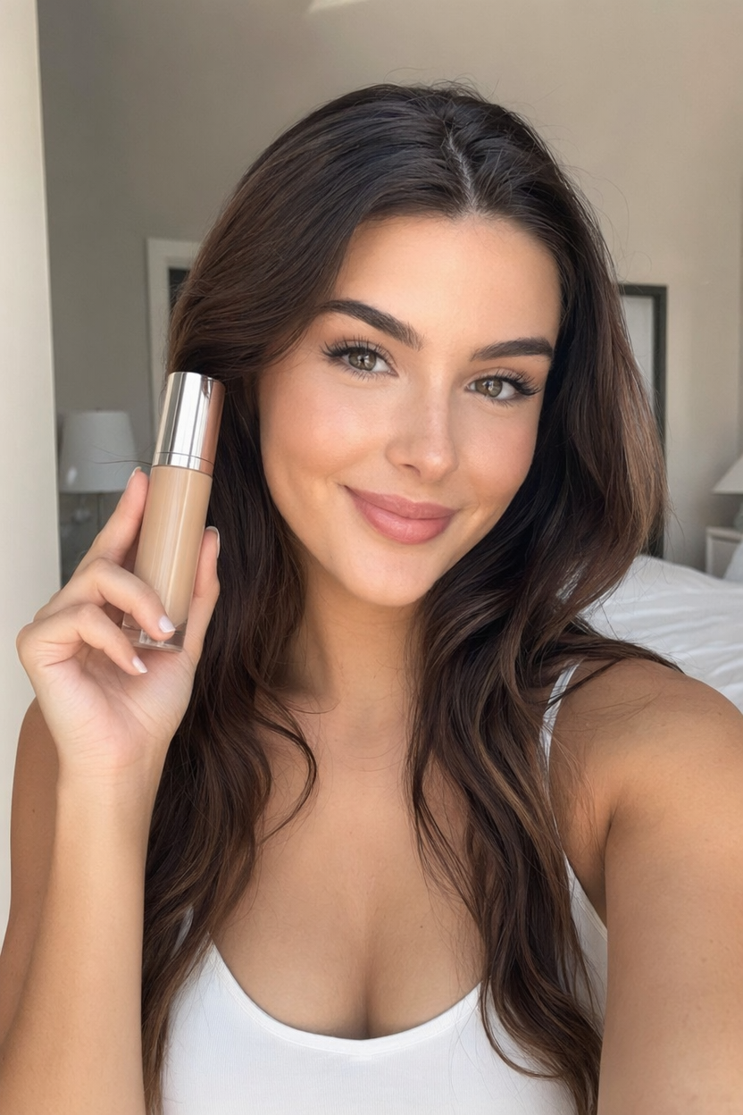 Original portrait photo of a beauty creator holding a skincare product