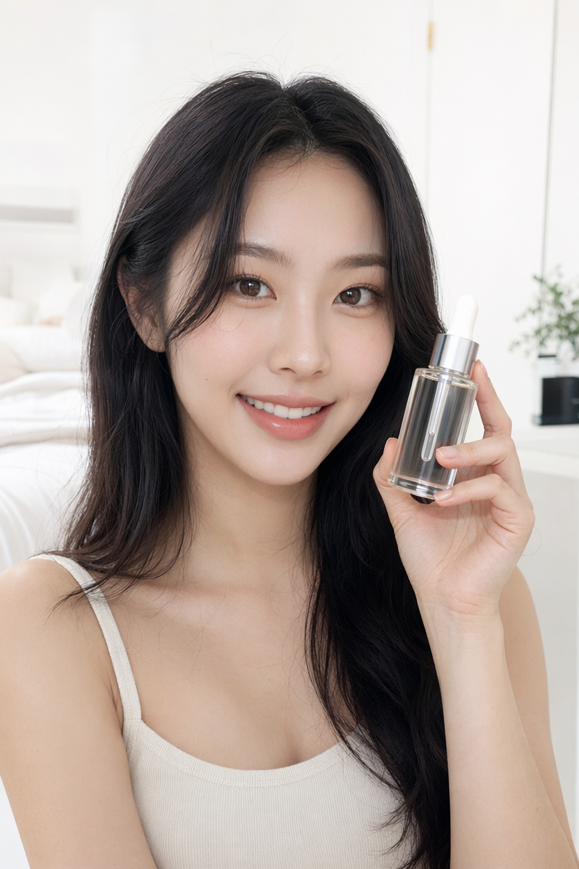 AI avatar of a beauty creator presenting a skincare serum
