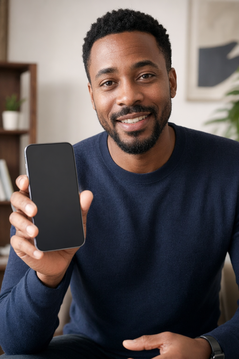 AI avatar of a tech reviewer presenting a smartphone