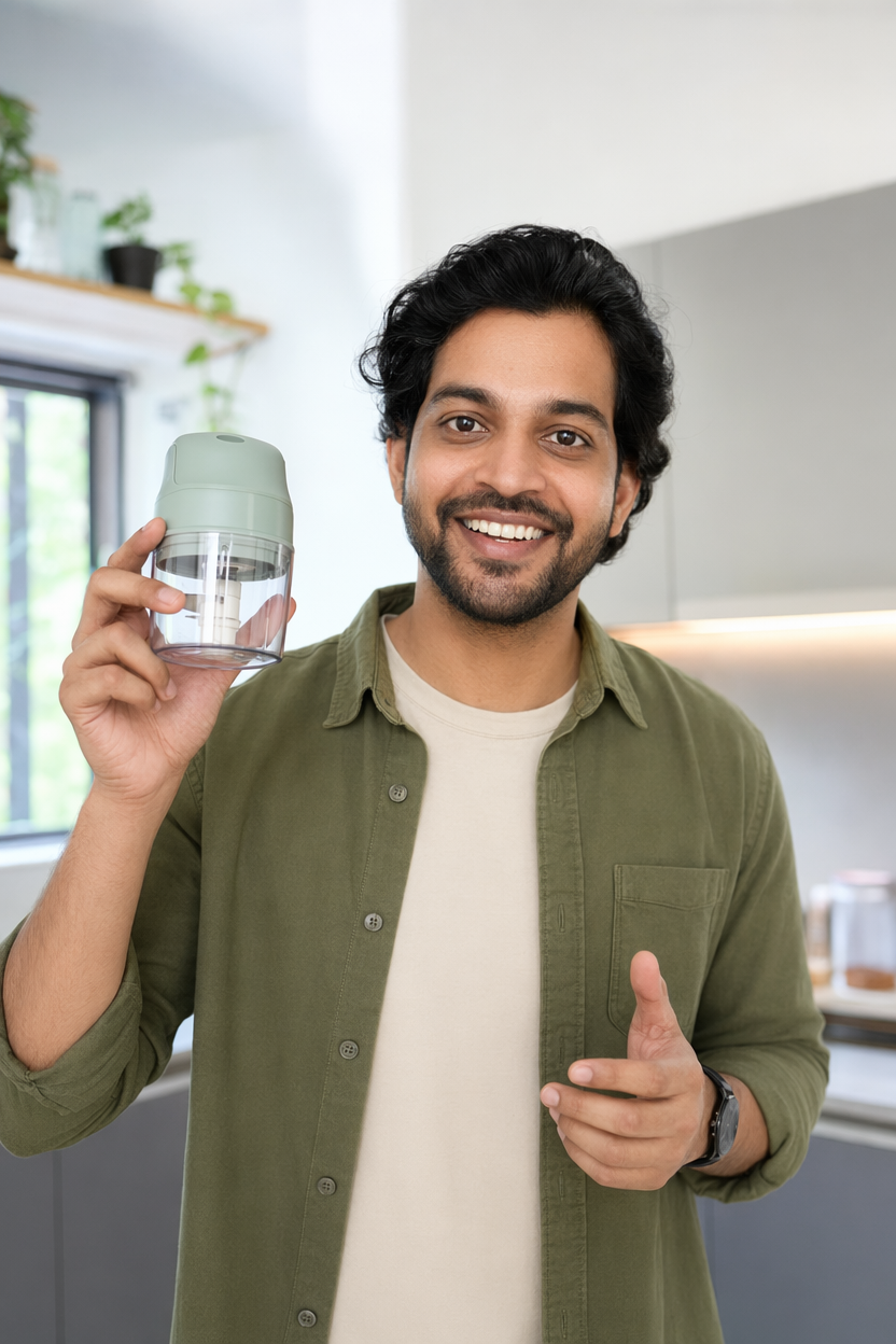 AI avatar of a home-cooking creator with a kitchen gadget