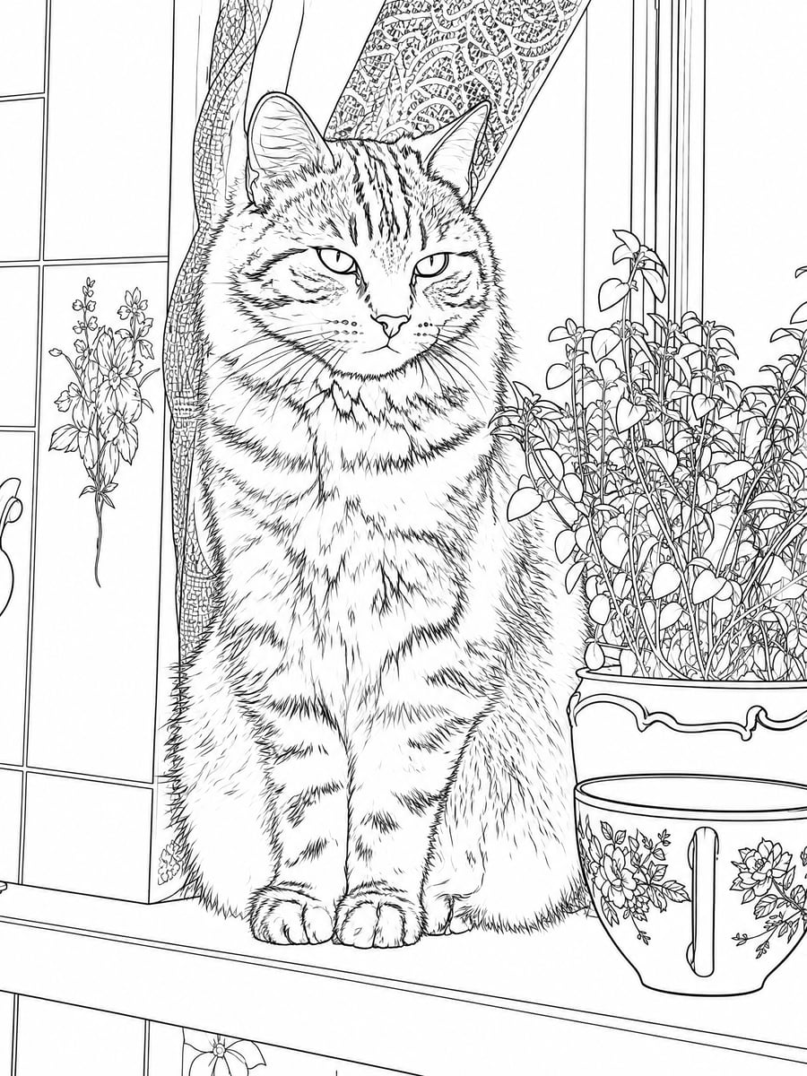 The same cat as a detailed black-and-white coloring page