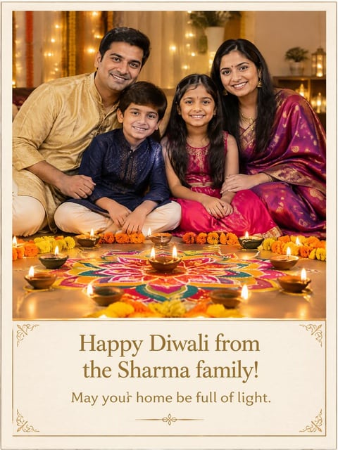 Diwali card with lit clay diyas, a marigold garland and a colourful rangoli