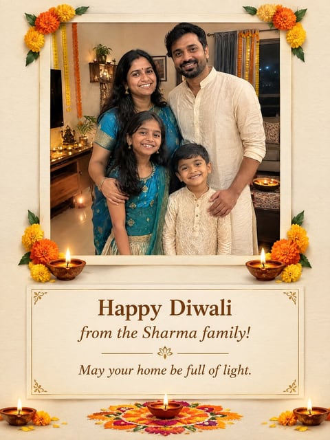 Personalised Diwali card with a family photo framed by marigolds and diyas
