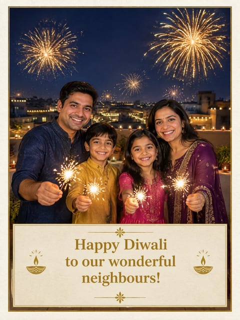 Diwali card with sparklers and golden fireworks over rooftops lit with lamps