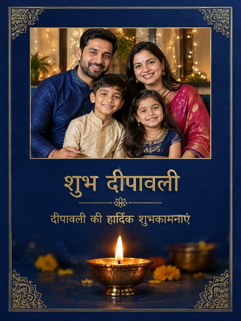Royal blue Diwali card with gold-foil lettering, a mandala border and a brass diya