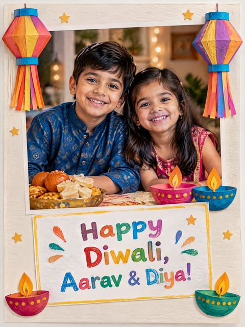 Playful Diwali card with paper kandil lanterns and colourful paper diyas