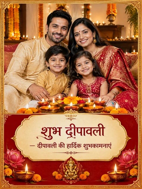 Traditional Diwali card with Goddess Lakshmi, lotus flowers, diyas and a gold border