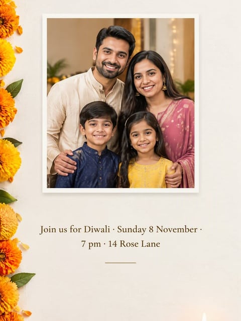 Minimal cream Diwali card with a marigold border and one small diya