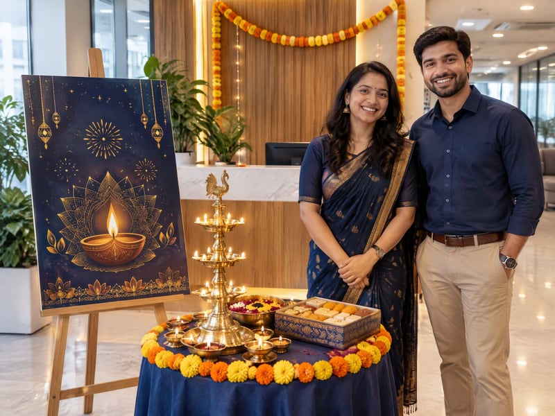 Corporate Diwali greeting card with a company name in gold and navy
