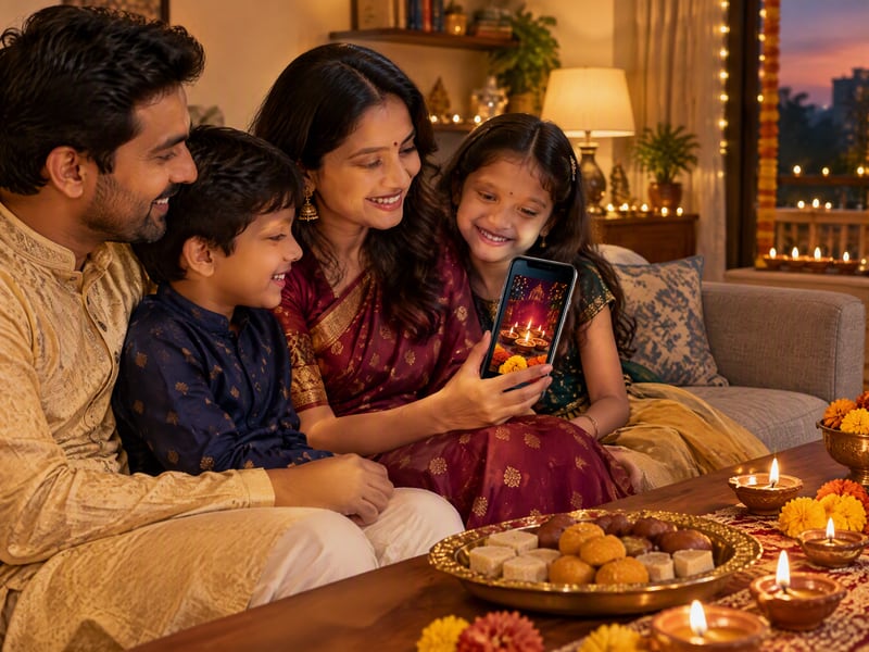 Diwali greeting card from a family with diyas and marigolds