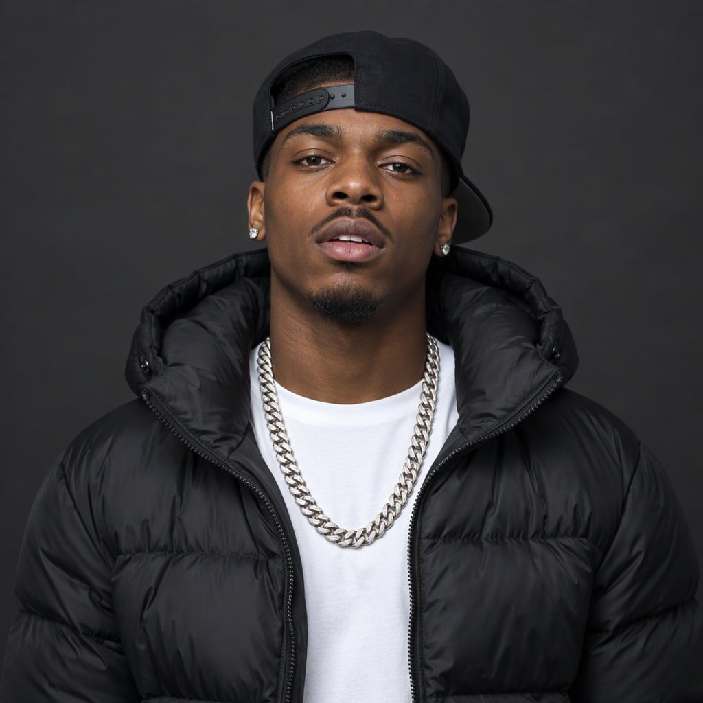 Young man in a black puffer jacket, chain and snapback — the Street preset performer