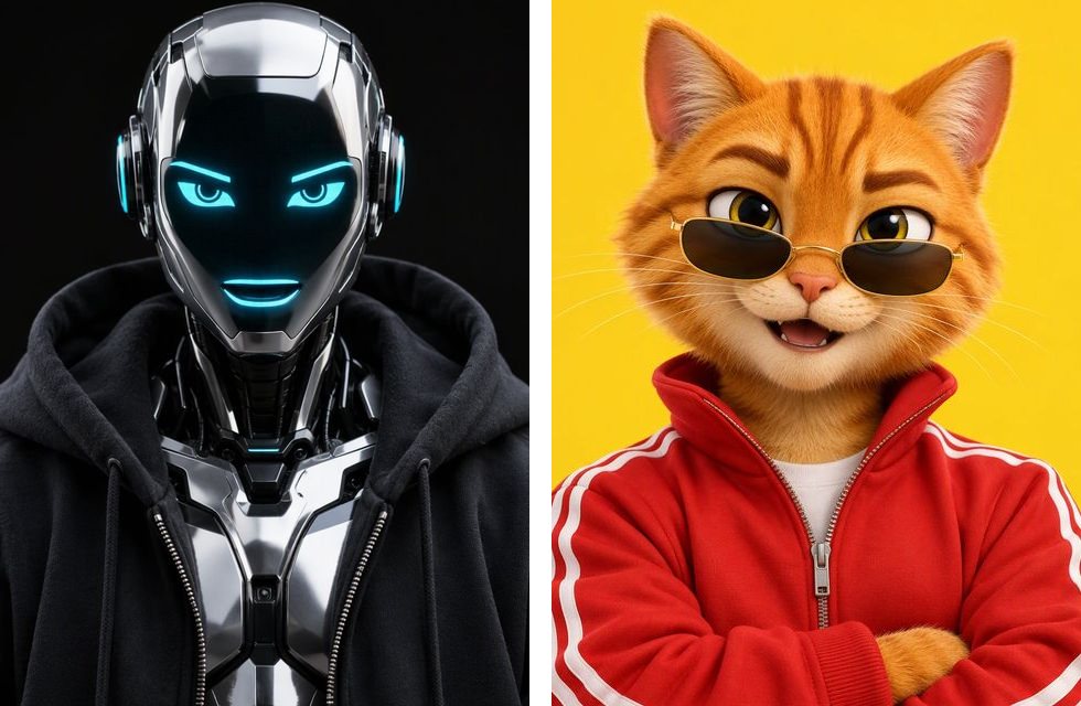 Two input photos: a chrome robot and a cat mascot