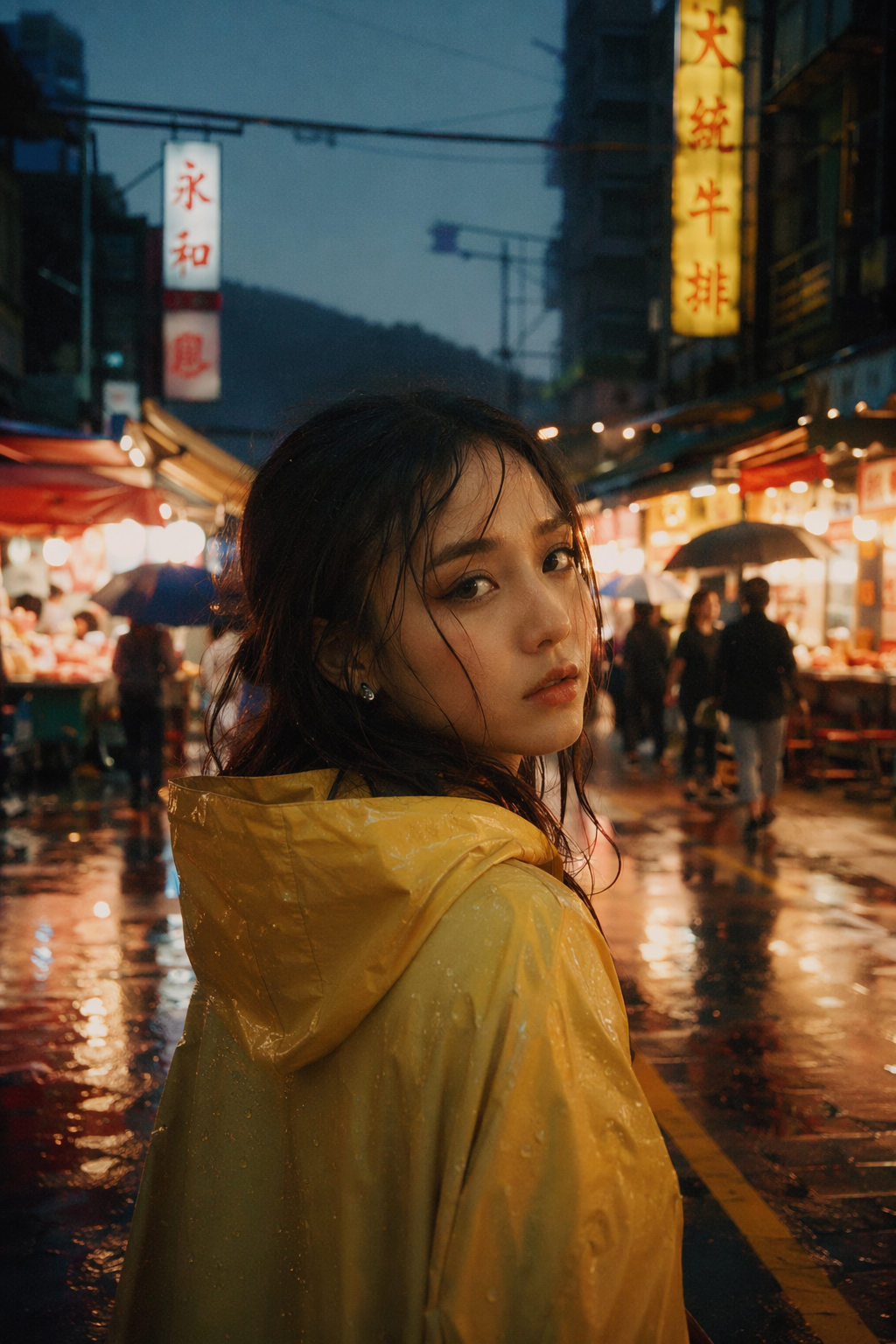 Source portrait for the image-to-video identity test: woman in a yellow raincoat in a rainy neon night market