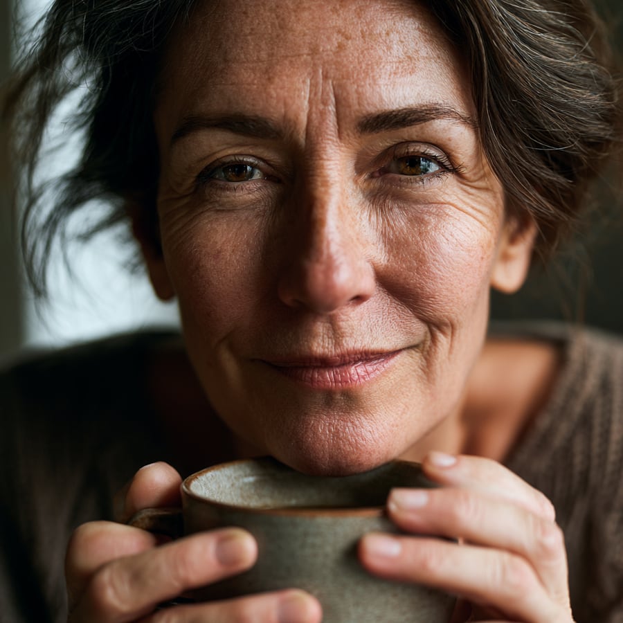 Test 2 — Hands & faces: a portrait holding a mug, both hands visible — Midjourney V8.1