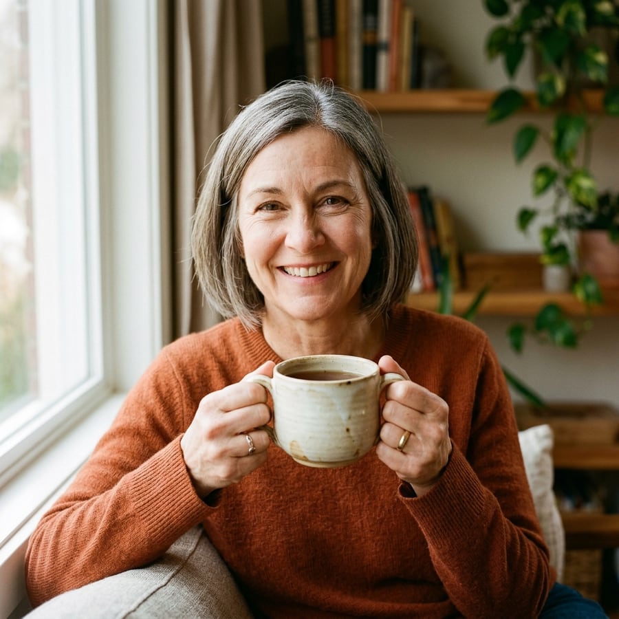Test 2 — Hands & faces: a portrait holding a mug, both hands visible — Nano Banana 2 (beta)