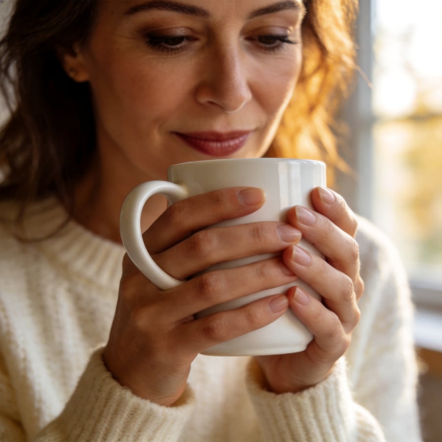 Test 2 — Hands & faces: a portrait holding a mug, both hands visible — Seedream 4.5