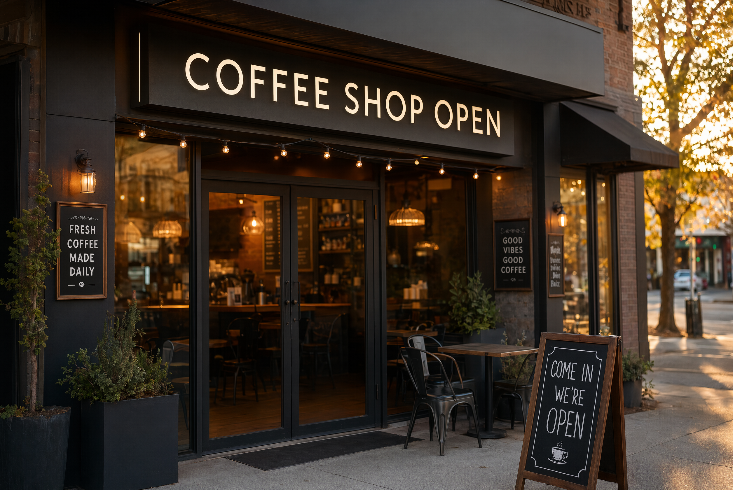 Accurate AI text rendering — a storefront sign reading 'COFFEE SHOP OPEN' generated cleanly, no misspellings