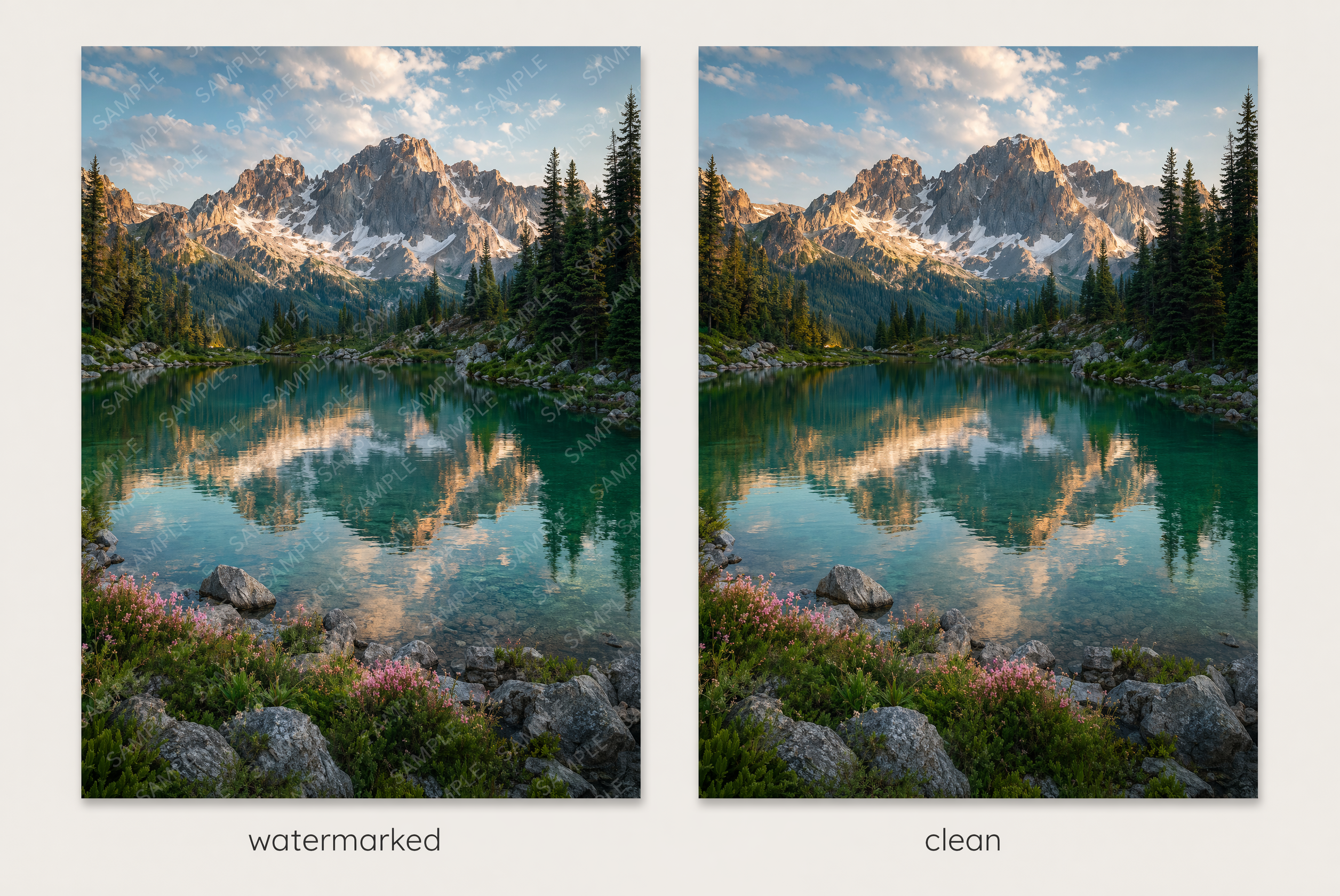 The same image with a free-tier watermark on the left versus a clean, watermark-free version on the right