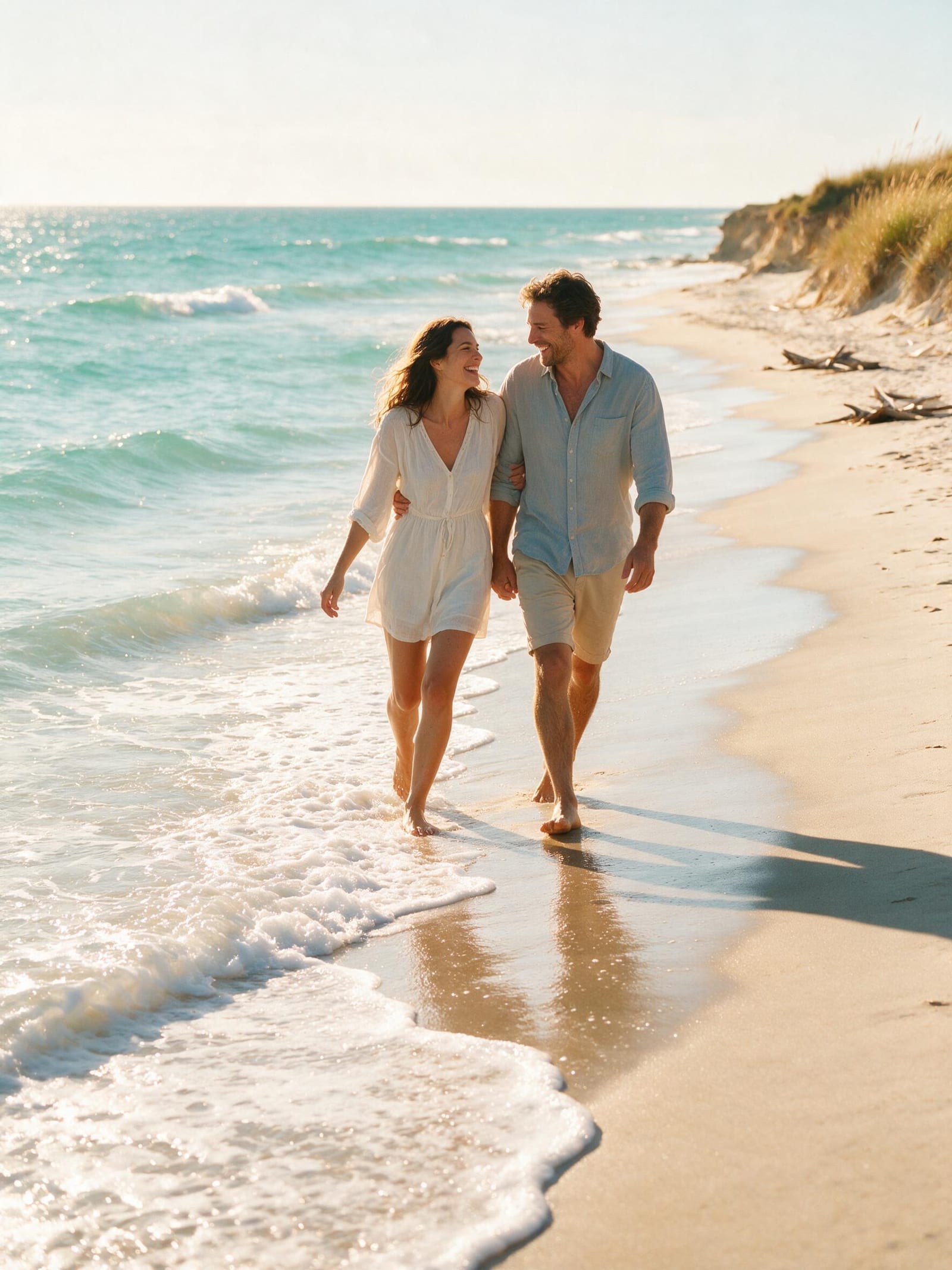 Candid AI couple photo of a barefoot beach walk at golden hour, composed from two individual photos